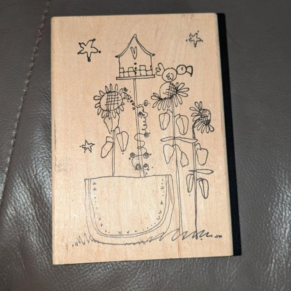 Imaginations! Large Sunflowers Garden Birdhouse Bird Wooden Mounted Rubber Stamp